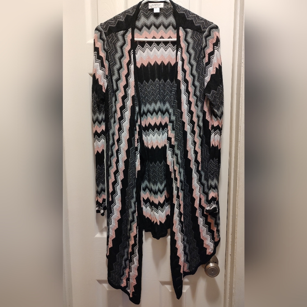 Avenue long sleeve open front cardigan black gray white and pink.